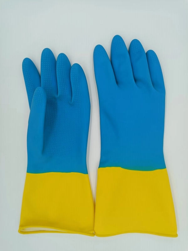 Blue Yellow Latex Industrial Bicolor Glove Home Flocked  Chemical Resistance