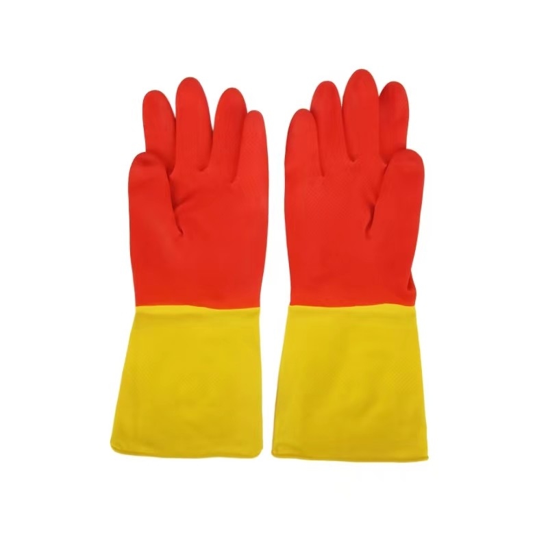 Red Yellow Latex Industrial Bicolor Glove 30-32CM Chemical Resistance