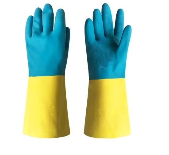 Blue Yellow Neoprene Bicolor Industrial Glove Industrial Use Chemical Resistant